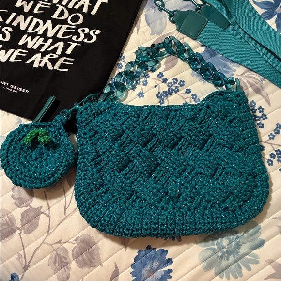 Kurt Geiger Teal Knit Bag with Chain Accent - Picture 4 of 10